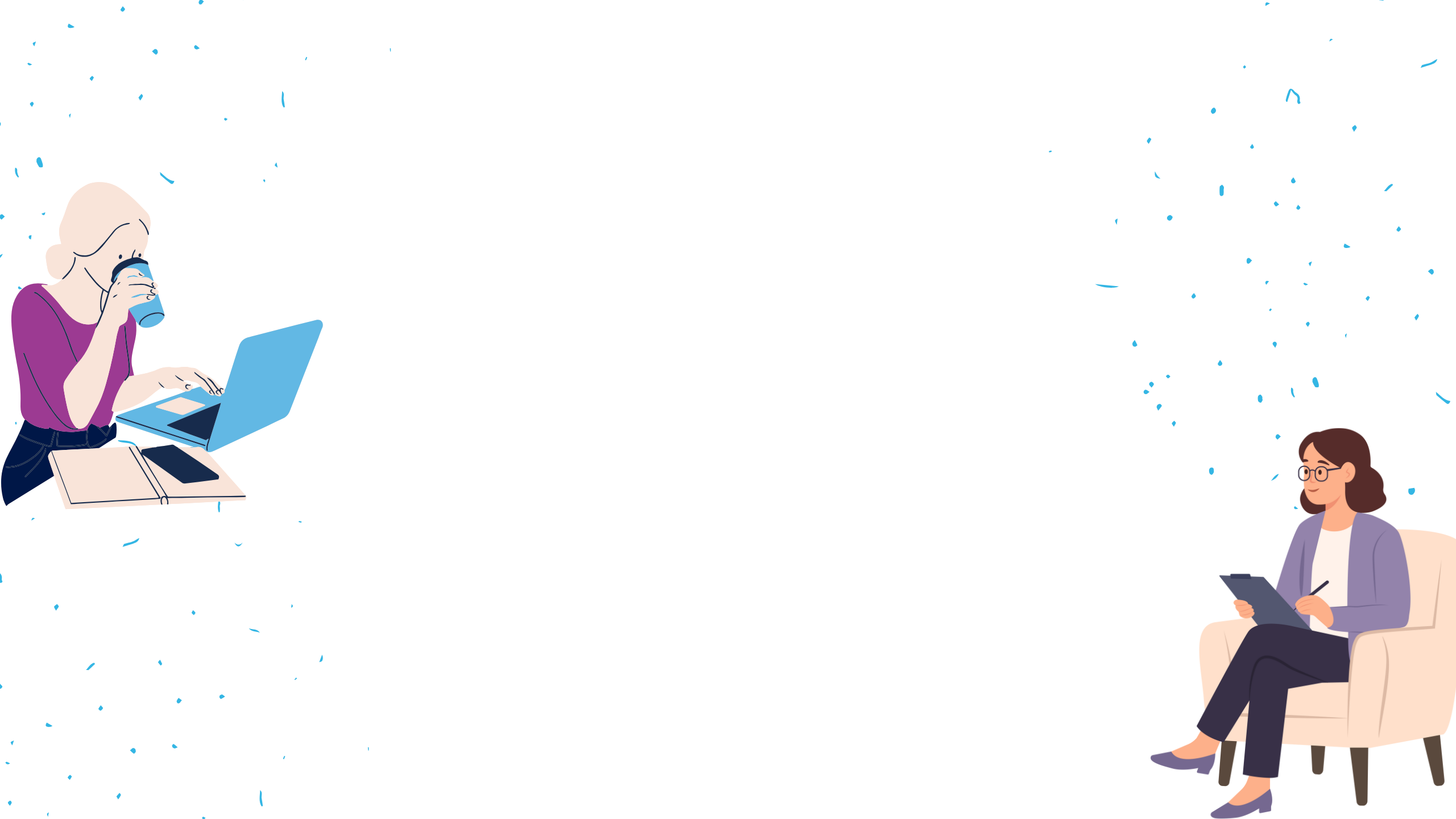 Graphic of woman working with laptop and sipping a coffee on the left, and graphic of a woman writing notes in a chair on the right.