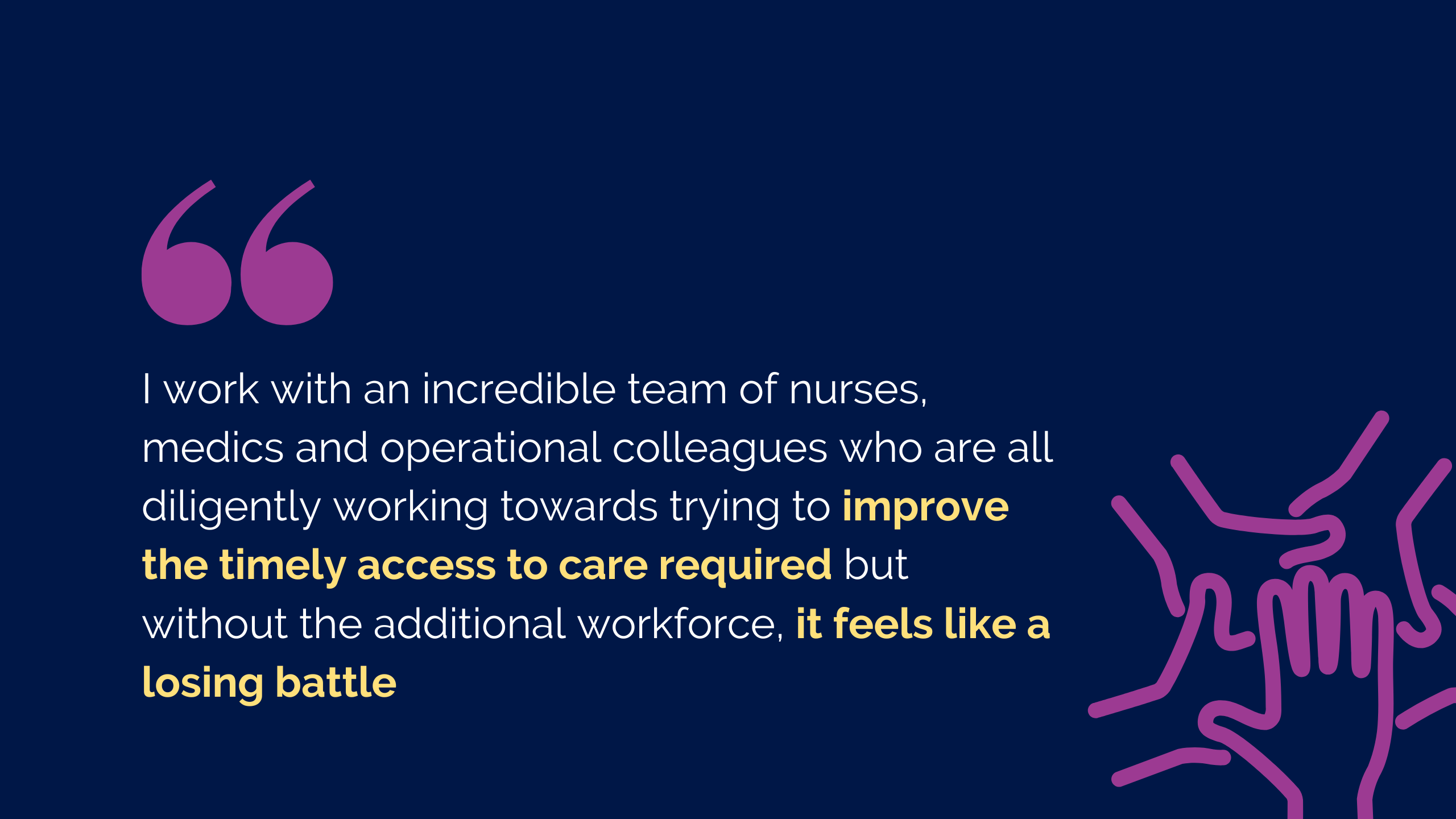 Graphic quote reading "I work with an incredible team of nurses, medics and operational colleagues who are all diligently working towards trying to improve the timely access to care required but without the additional workforce, it feels like a losing battle"