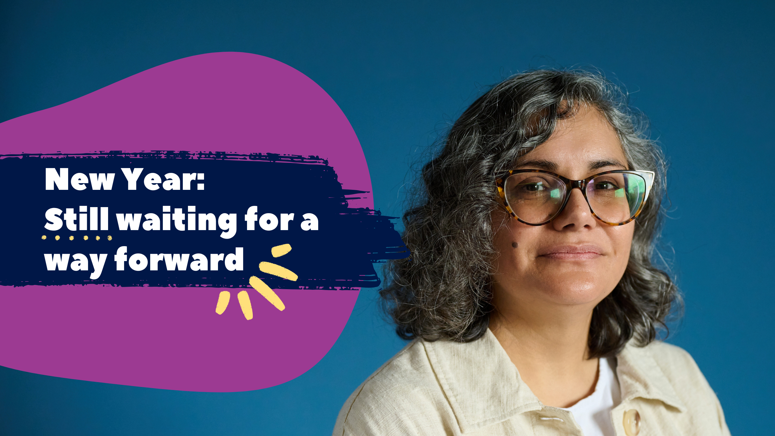 One year on: Still waiting for a way forward title banner with image of woman