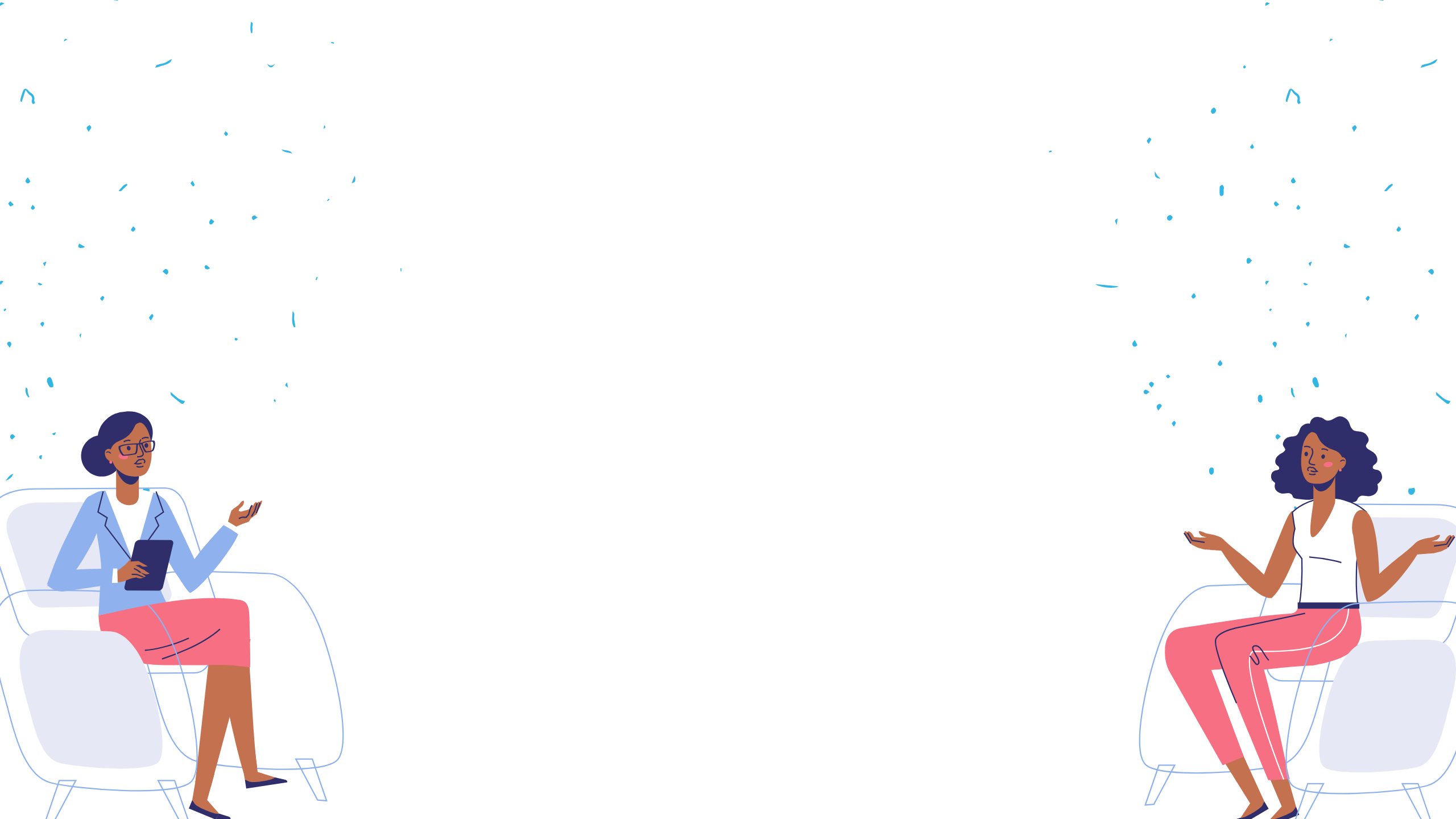 Abstract background of blue accents and two women sat in chairs talking