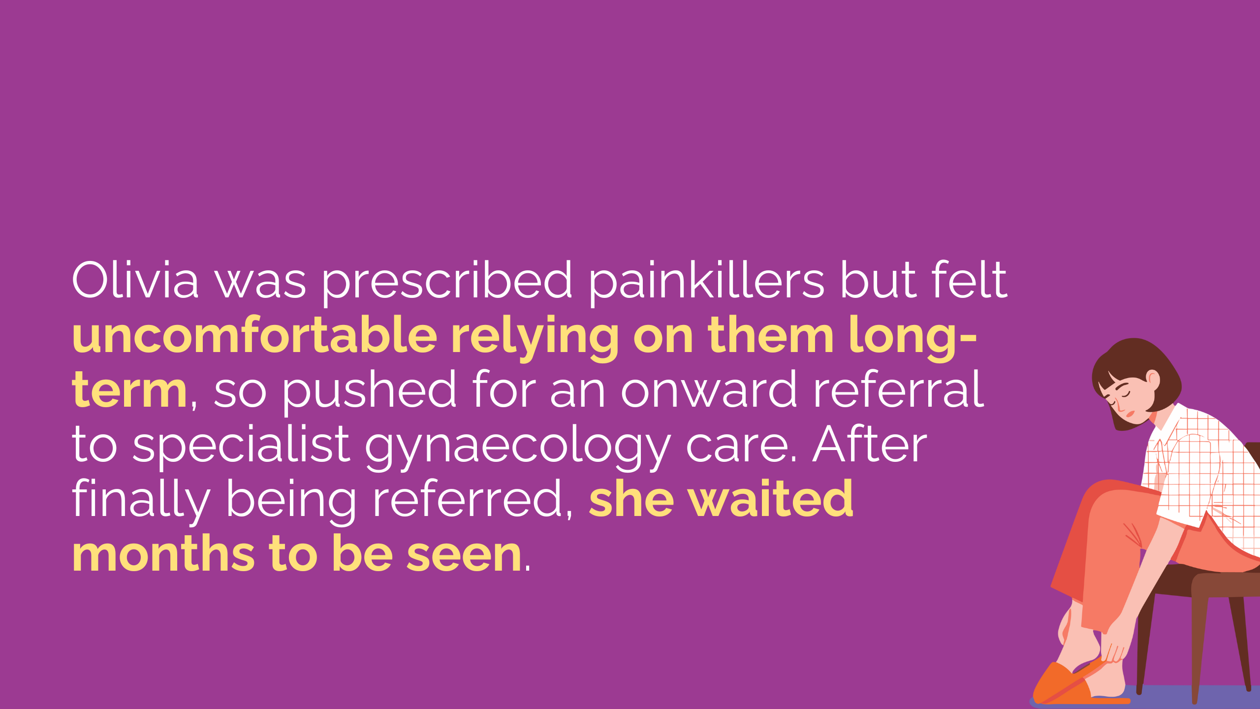 Purple background with graphic of woman sat on chair leaning down.