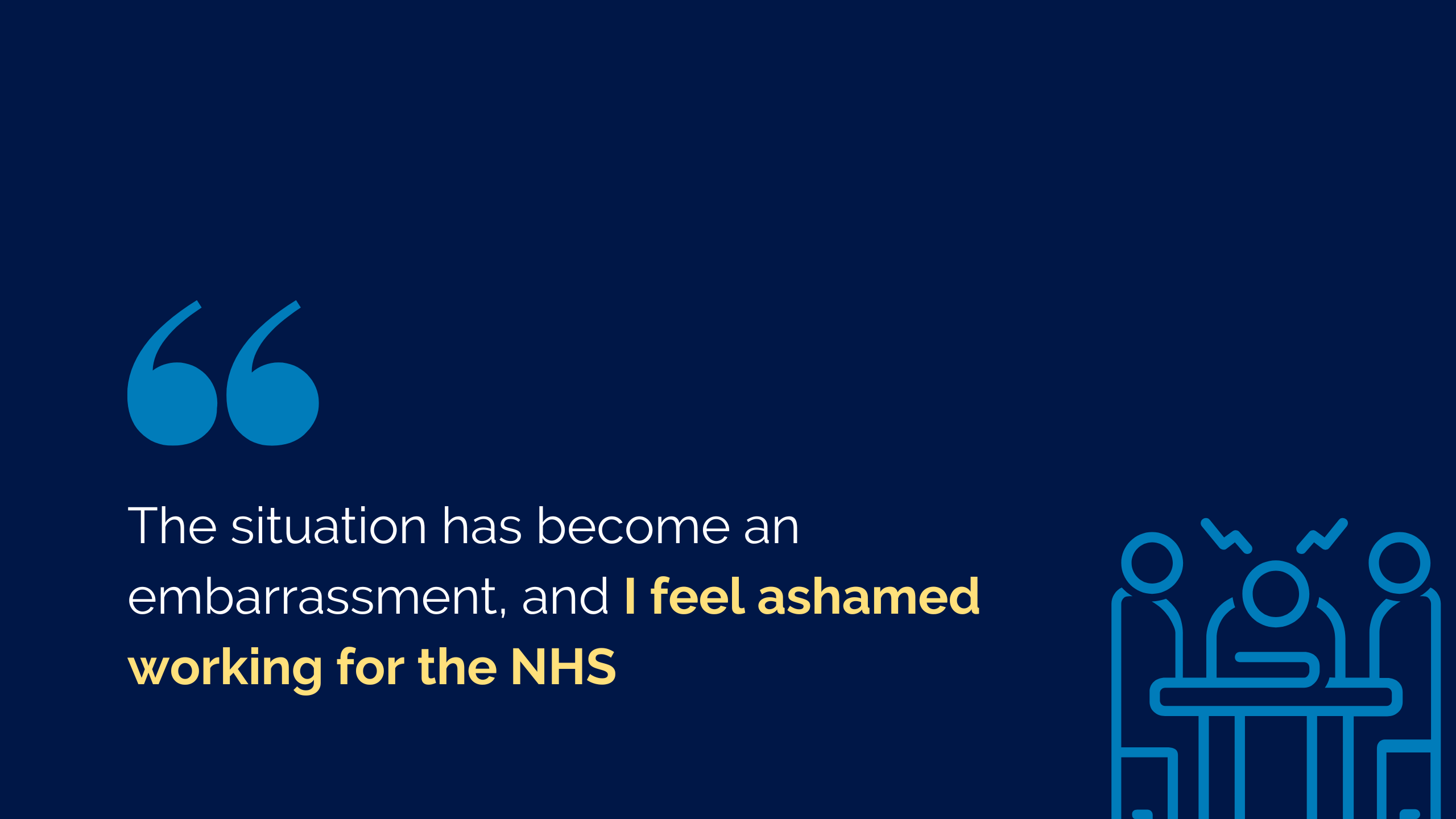 Graphic quote reading: "The situation has become an embarrassment, and I feel ashamed working for the NHS"