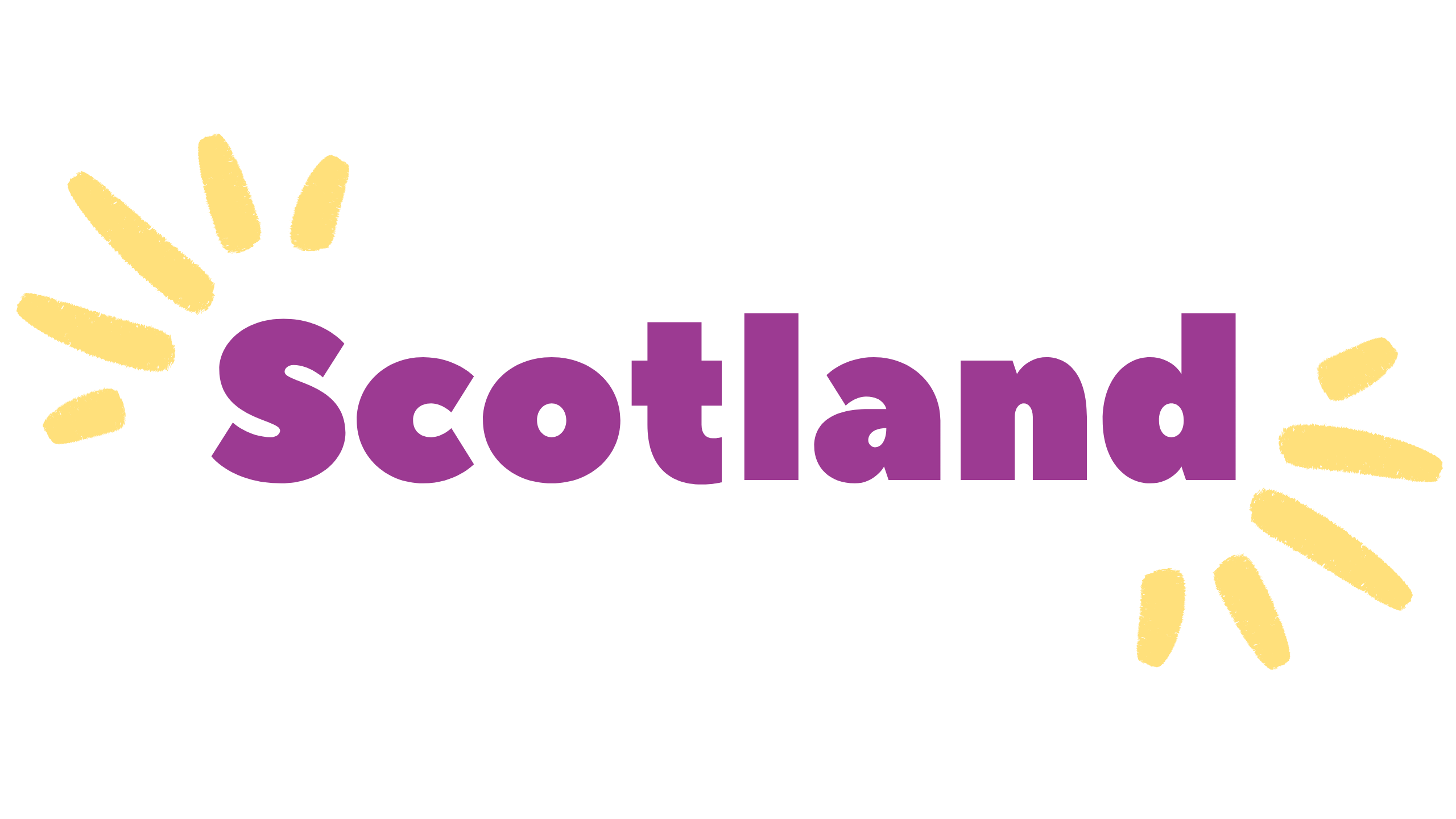 Bold, purple 'Scotland' with graphic yellow accents