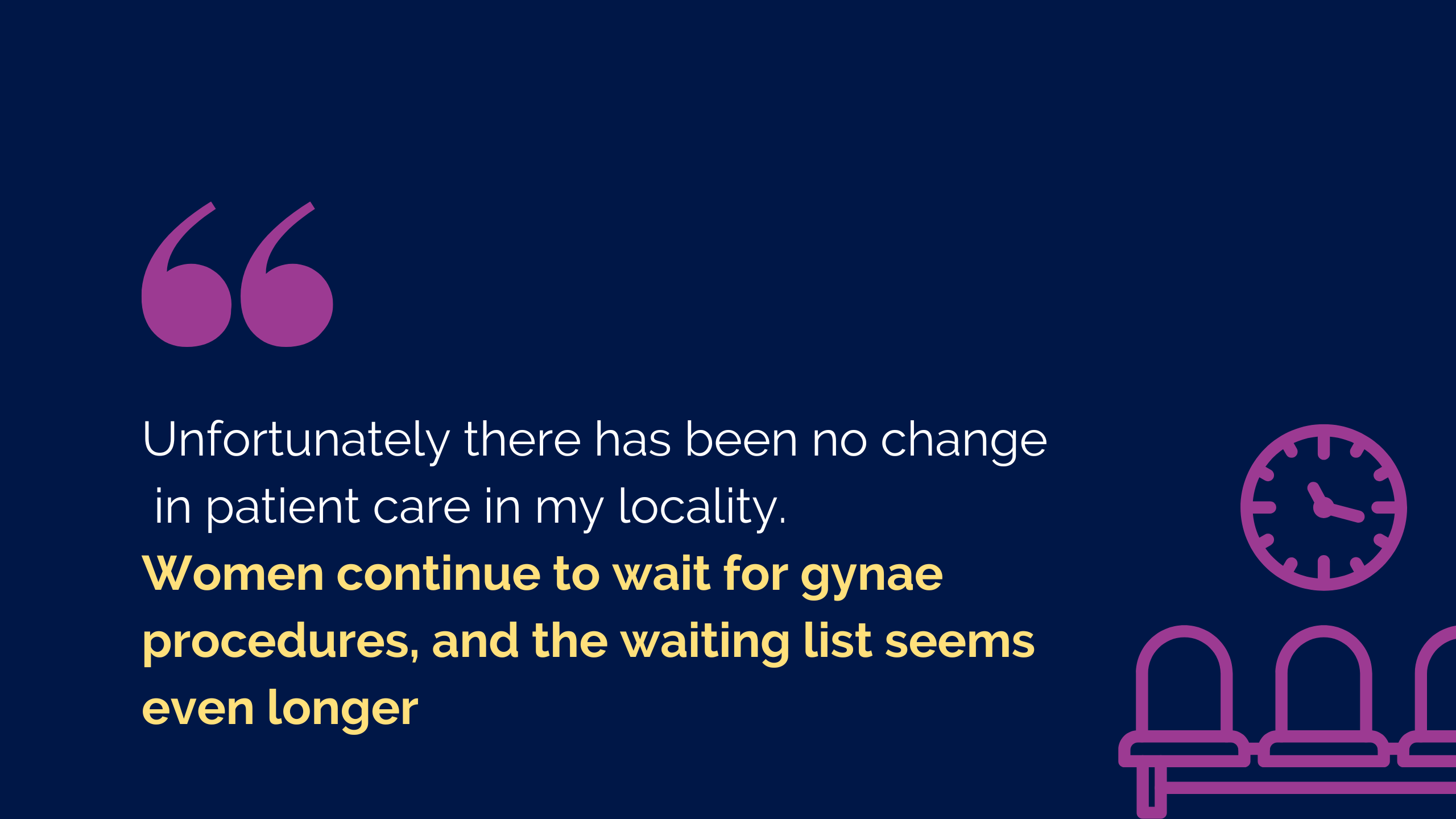 Graphic quote reading: "Unfortunately there has been no change  in patient care in my locality. Women continue to wait for gynae procedures, and the waiting list seems even longer"