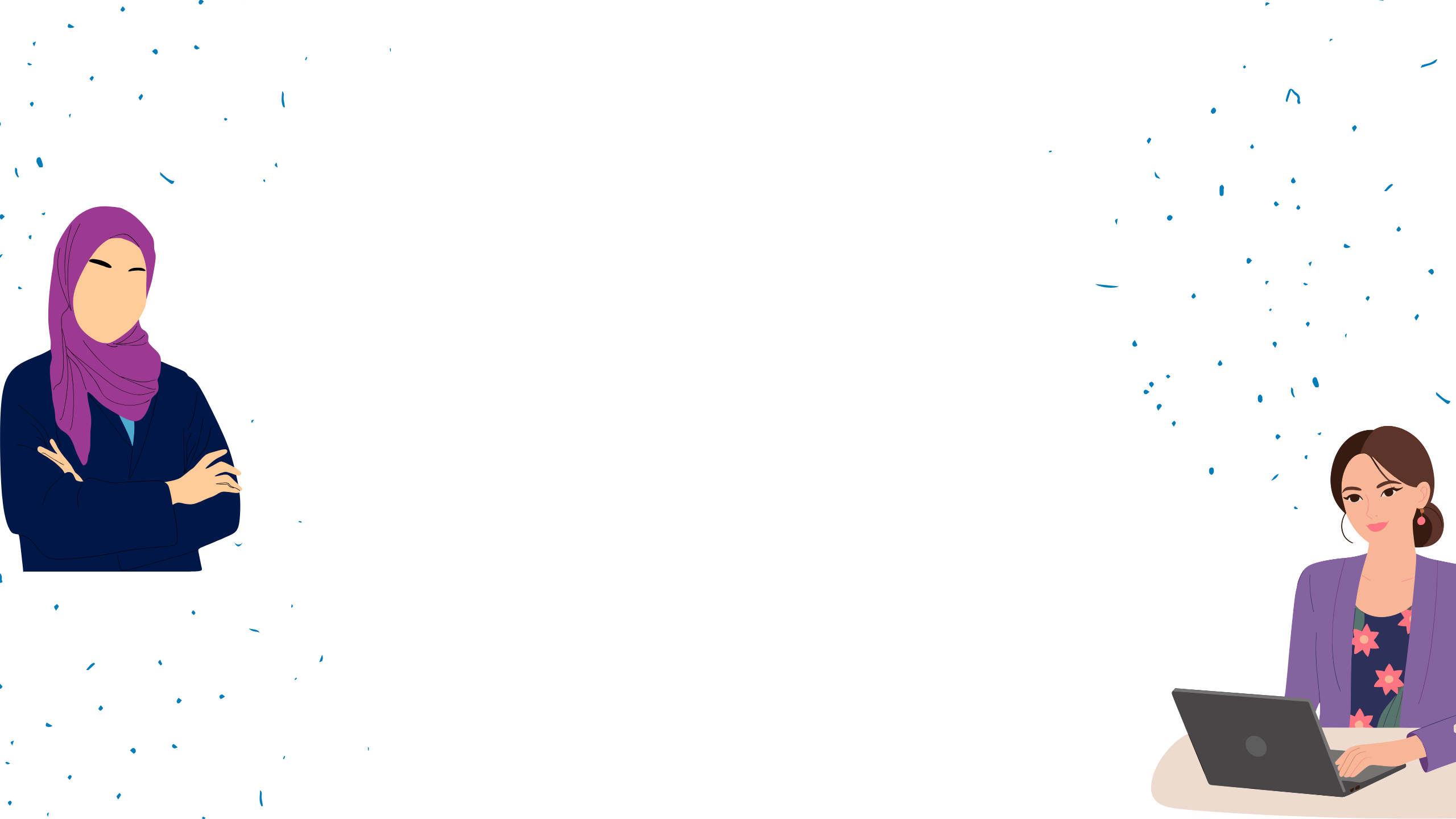 Graphic of woman wearing a purple hijab on the left and woman working at laptop on the right.