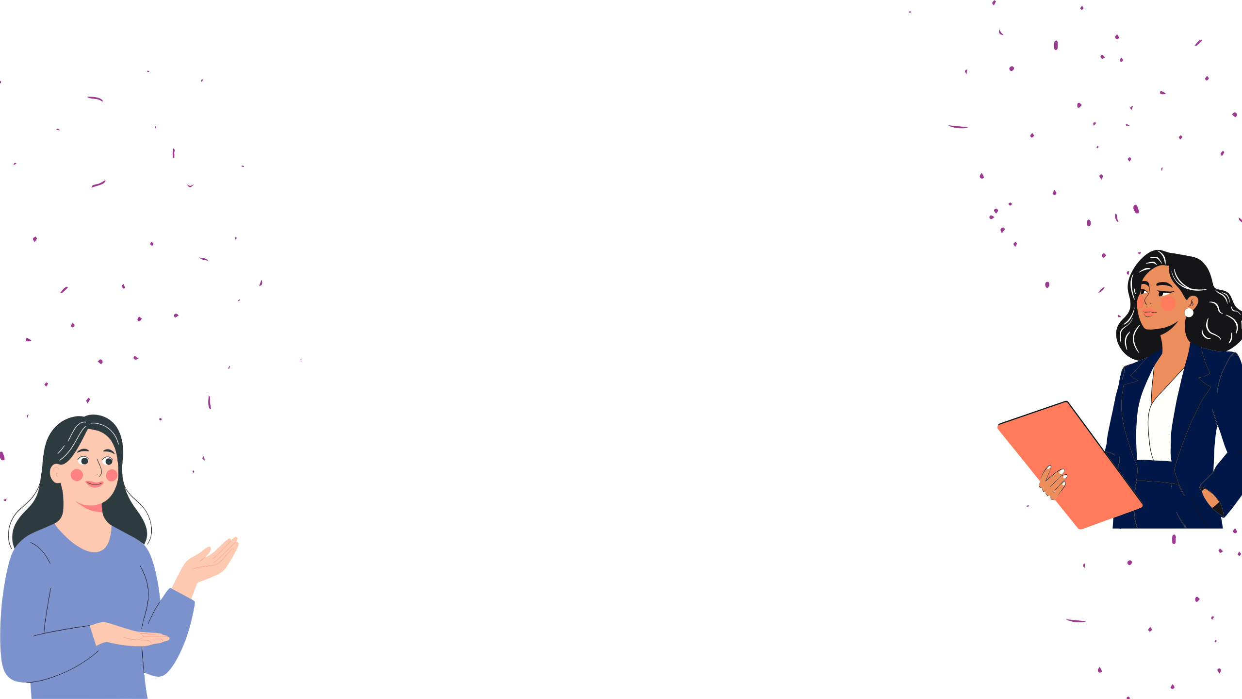 Woman in blue top and raised arm on the left and woman in suit holding folder on the right.