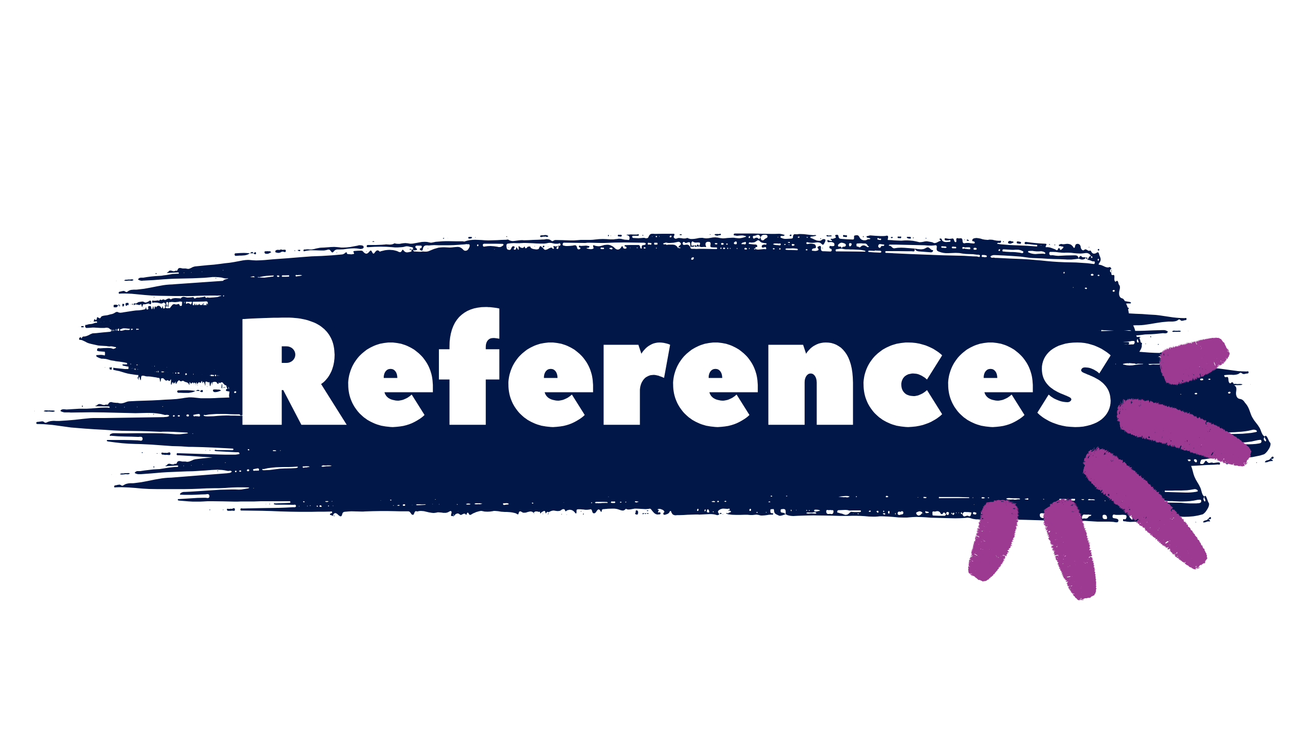 Graphic reading 'References' with navy paint stroke background and purple graphic accent.