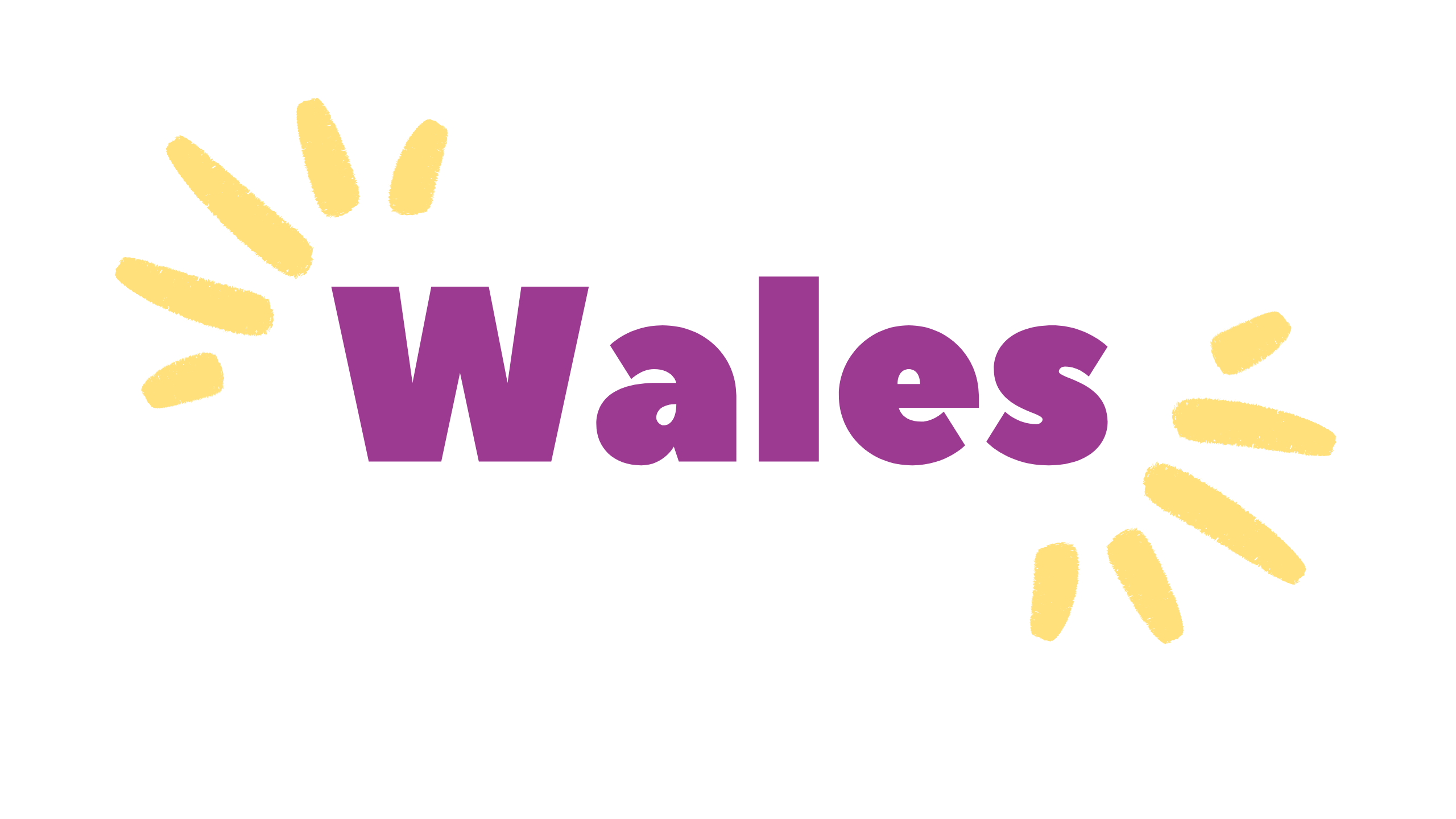 Bold, purple 'Wales' with graphic yellow accents