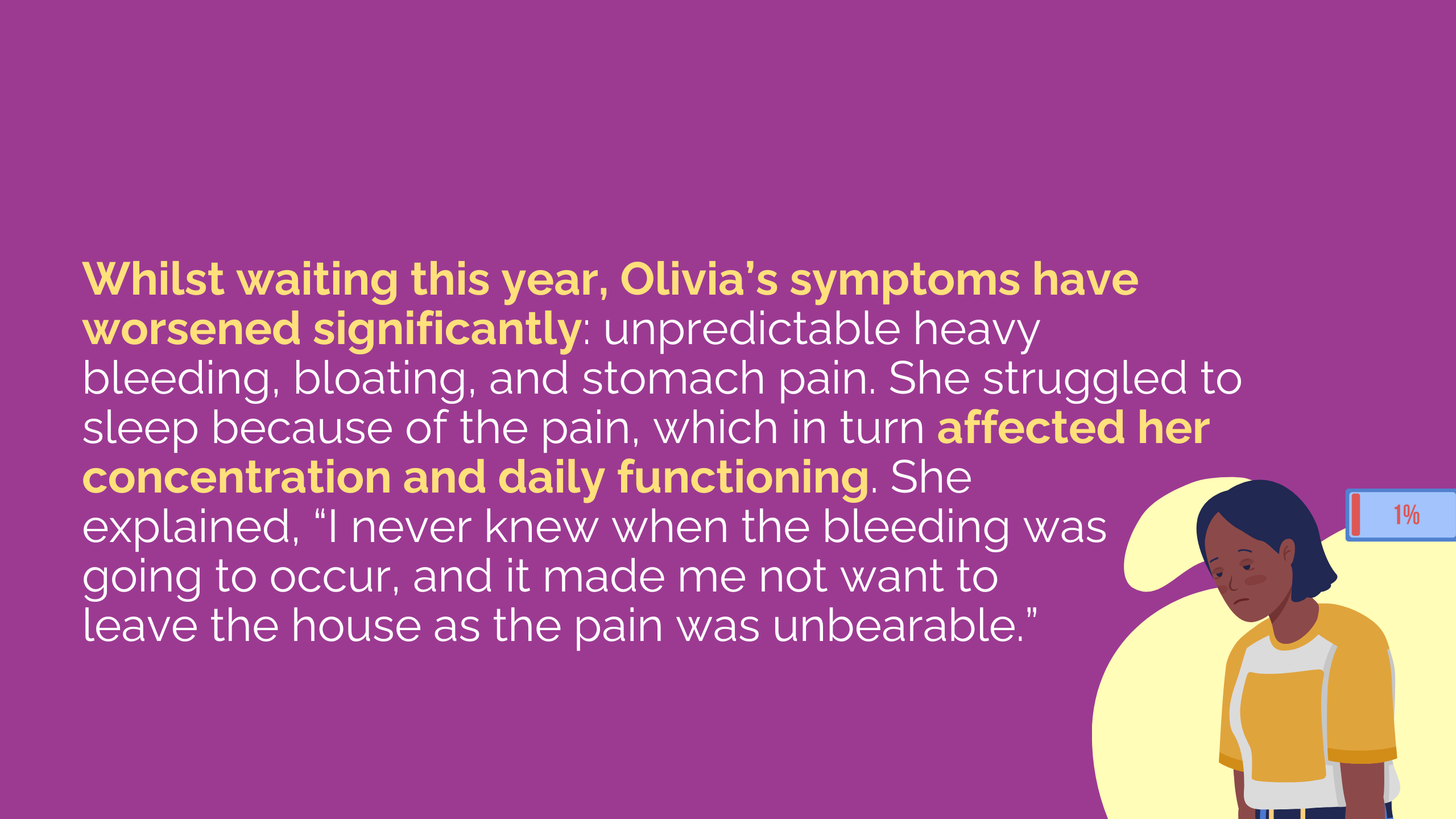 Purple background of woman looking drained with a low battery graphic.