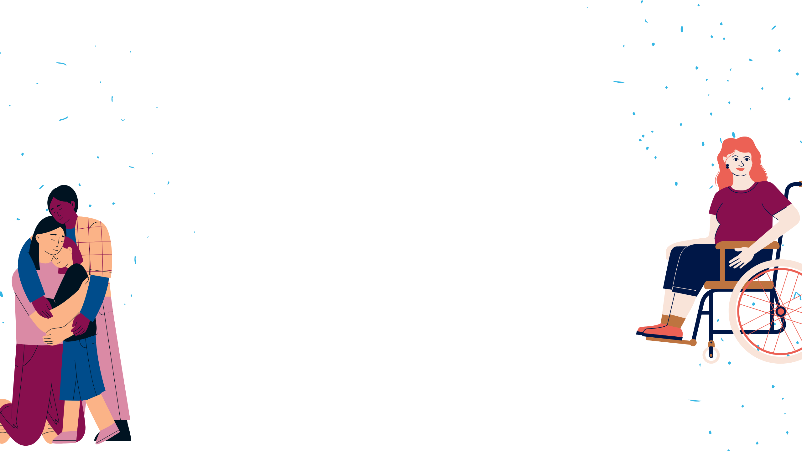 Graphic of three people embracing on the left and graphic of woman in wheelchair on the right.