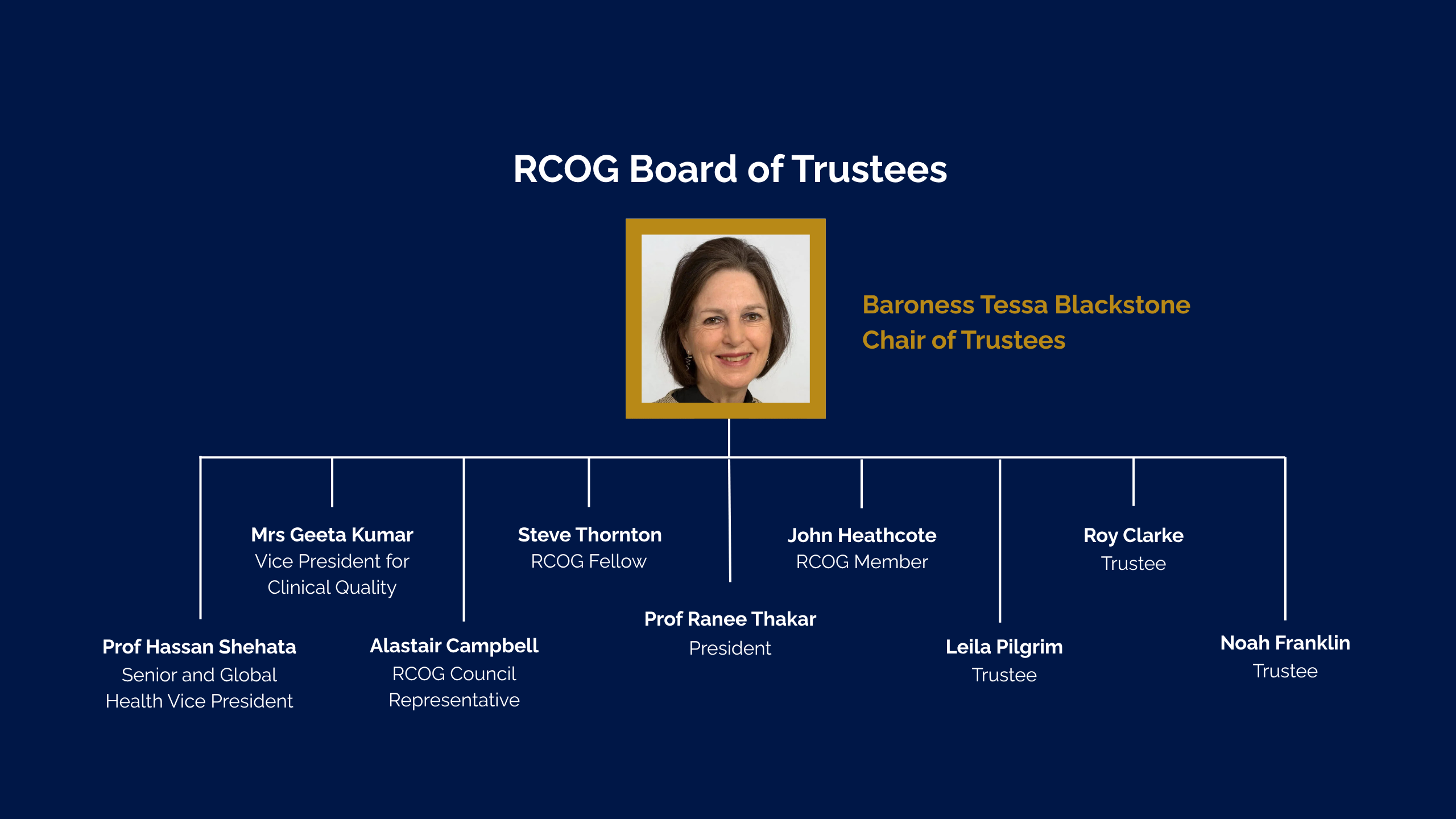 An infographic showing the Board of Trustees. Chair: Baroness Tessa Blackstone. President: Ranee Thakar Senior. Vice President: Hassan Shehata. Vice President: Geeta Kumar. RCOG Fellow: Steve Thornton. RCOG Member: John Heathcote. RCOG Council Representative: Alastair Campbell. Trustee: Leila Pilgrim. Trustee: Roy Clarke. Trustee: Noah Franklin