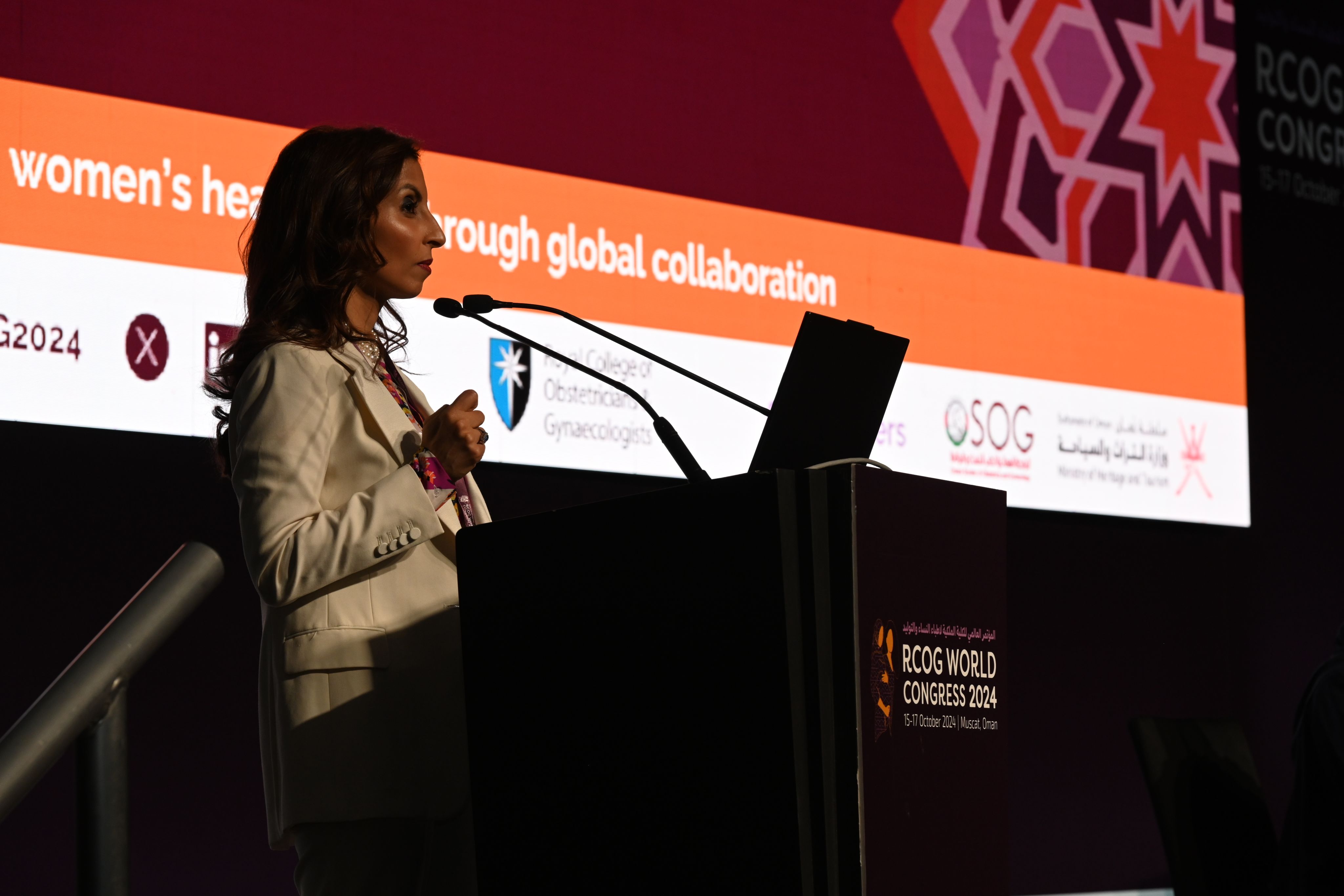 Professor Asma Khalil, Vice President for Academia and Strategy, on stage at RCOG World Congress 2024